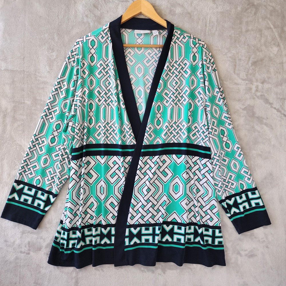 Susan Graver Cardigan Womens Size 2X Liquid Knit Open Front Teal Navy Chain Link